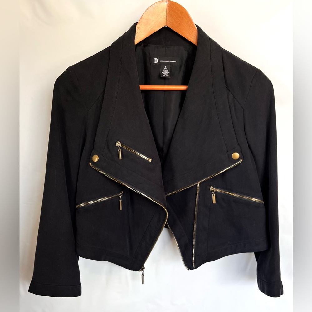 INC • Black 100% Silk Cropped Moto Jacket • Small